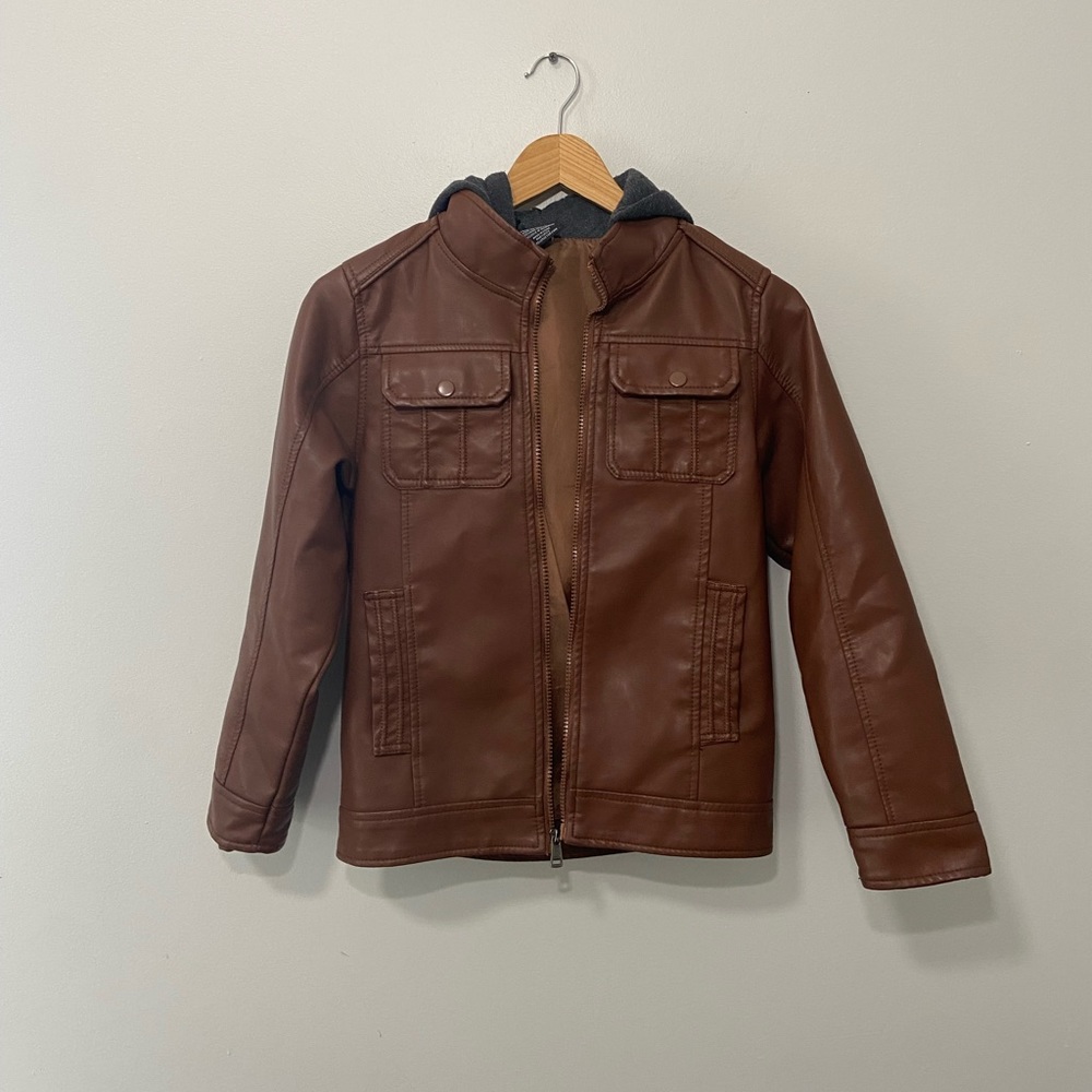 Boys Leather Biker Jacket w/ Hoodie (Size: M) (Color: Brown)